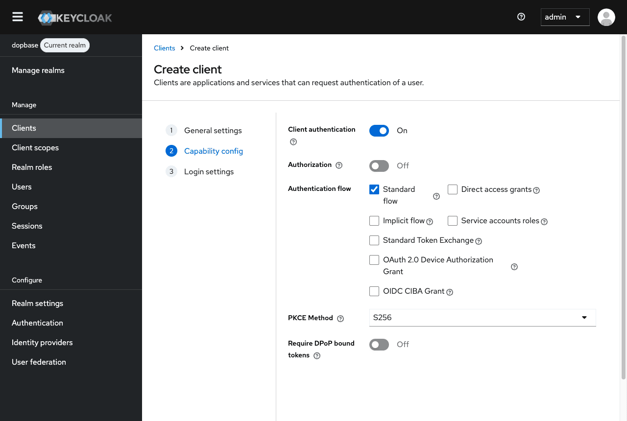 Keycloak's Capability config page with Client authentication on, Standard flow checked, and PKCE Method S256