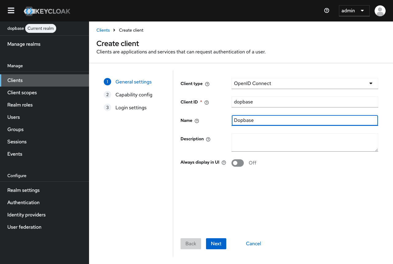 Keycloak's Create client wizard, General settings page, with Client ID dopbase