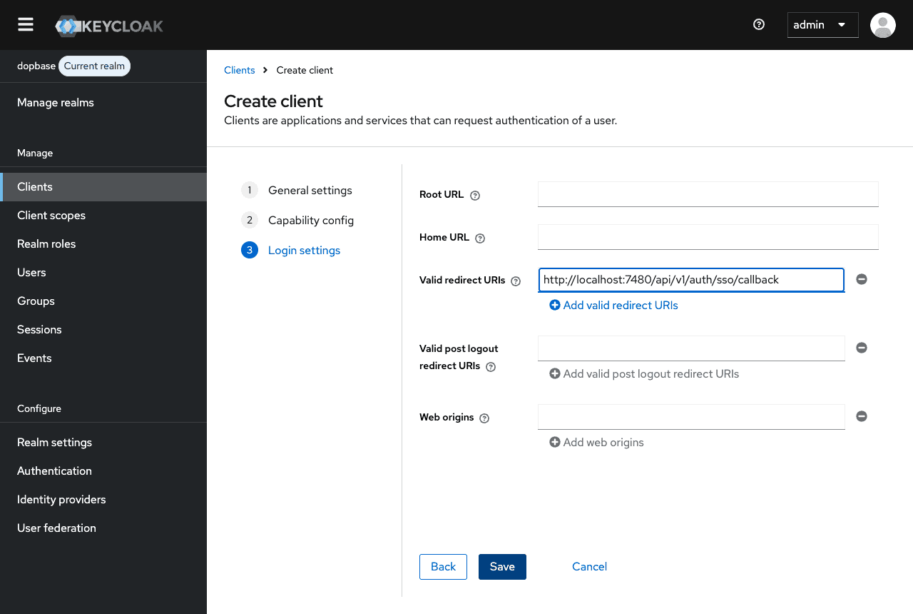 Keycloak's Login settings page with the Dopbase redirect URI in Valid redirect URIs