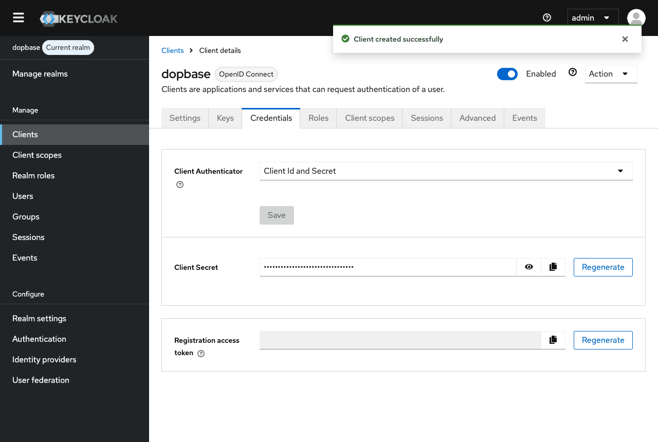 The Credentials tab of the dopbase client, showing the masked client secret and its copy button