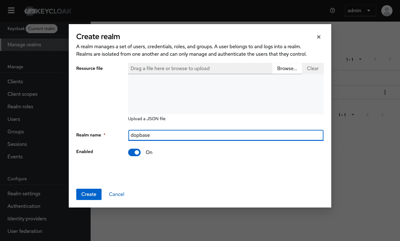 The Create realm dialog in Keycloak with dopbase as the realm name