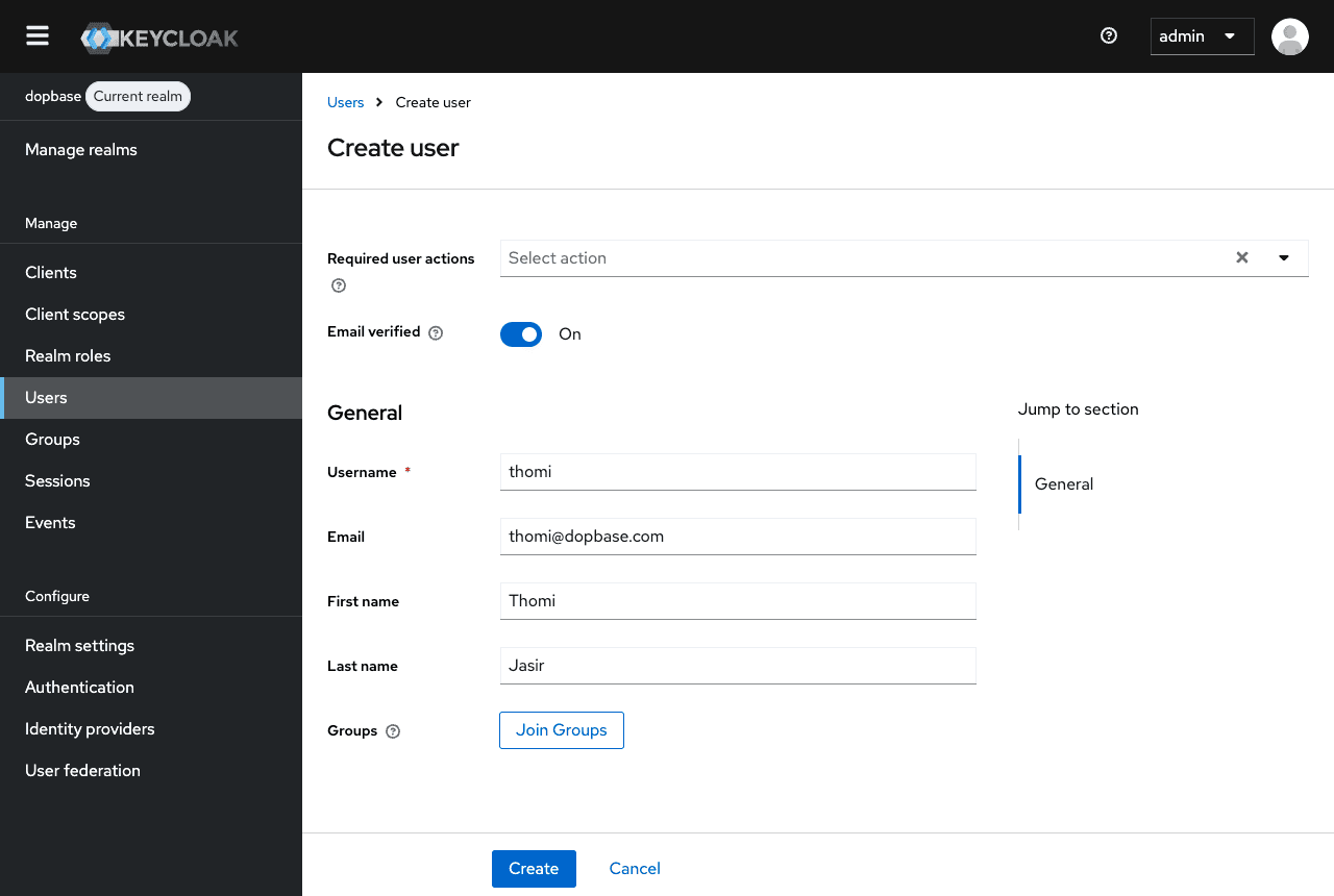 Keycloak's Create user form for thomi with Email verified turned on