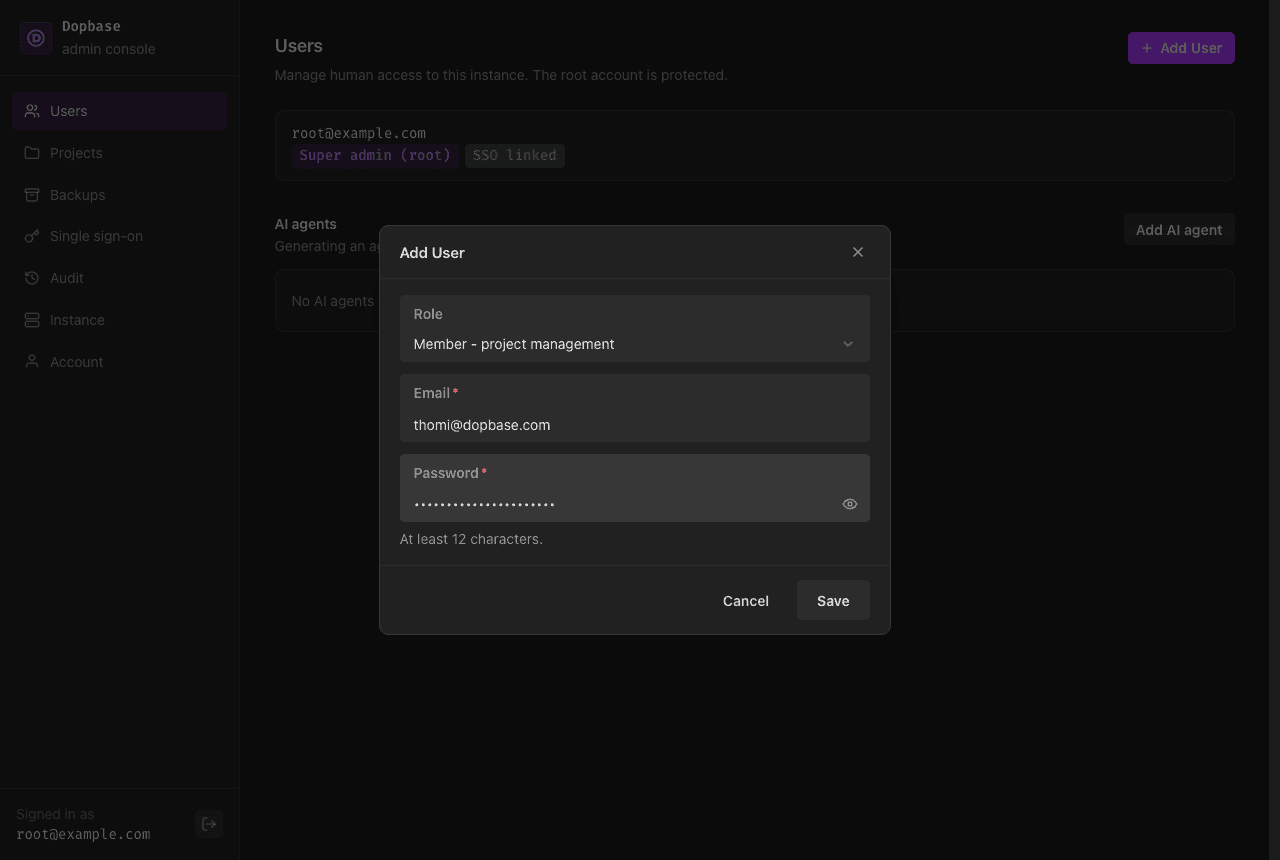 The Dopbase Add User dialog with thomi@dopbase.com as a member