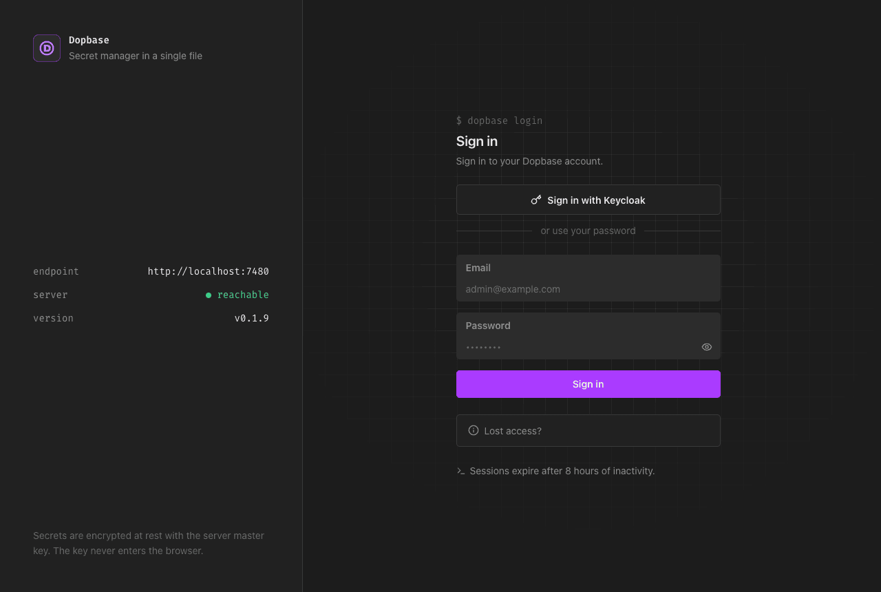 The Dopbase sign-in page with a Sign in with Keycloak button