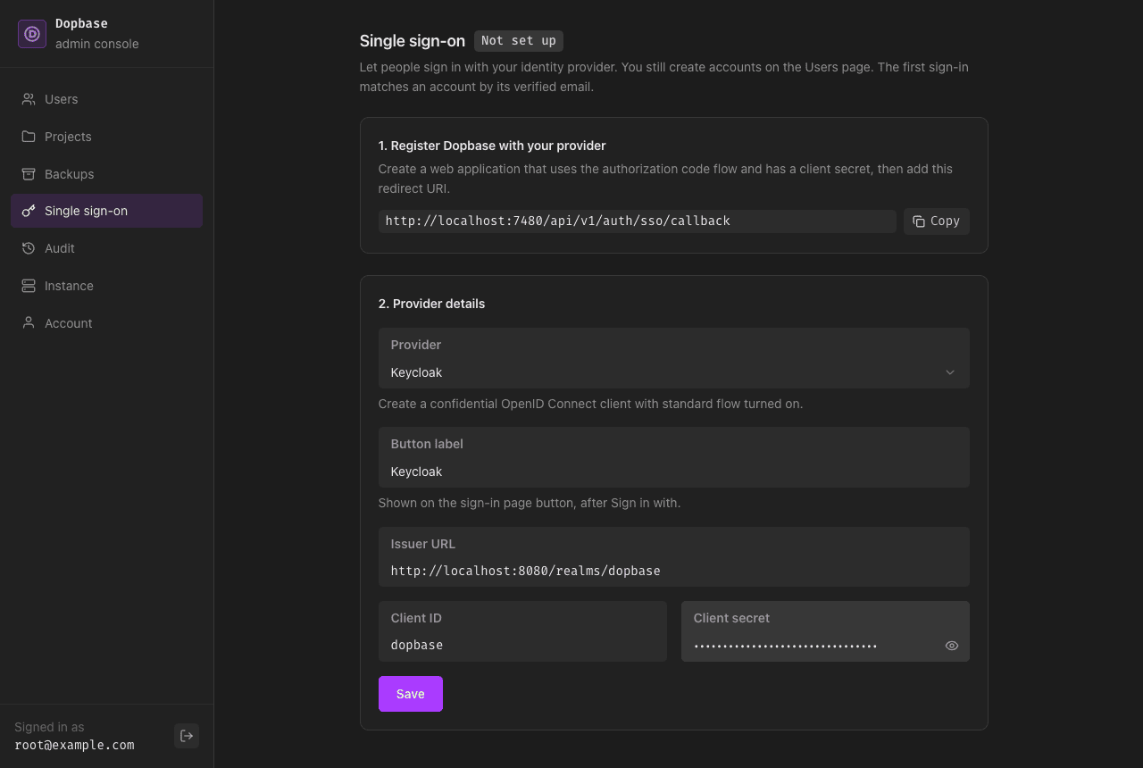 The Dopbase provider details form filled in for Keycloak