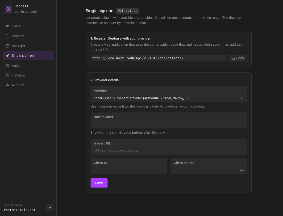 The Dopbase Single sign-on page showing the redirect URI http://localhost:7480/api/v1/auth/sso/callback