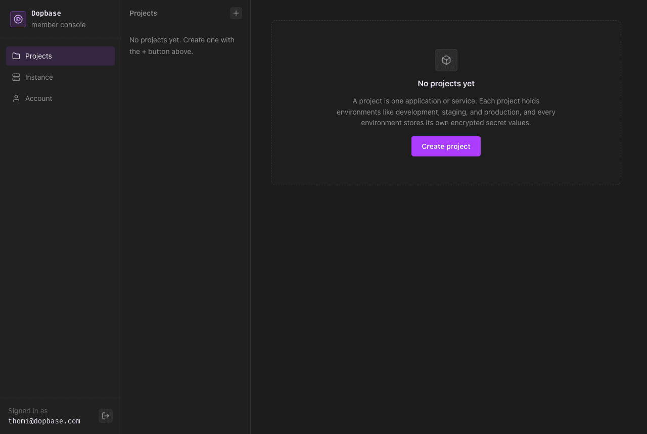 The Dopbase member console signed in as thomi@dopbase.com