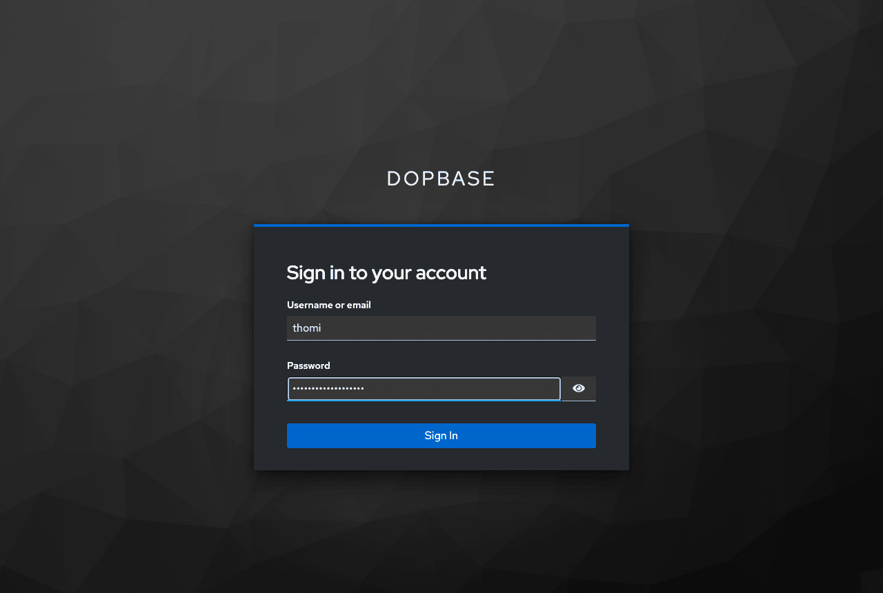Keycloak's sign-in page for the dopbase realm, with thomi as the username