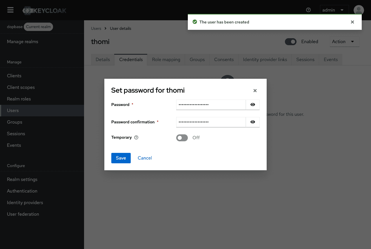 The Set password for thomi dialog with Temporary turned off